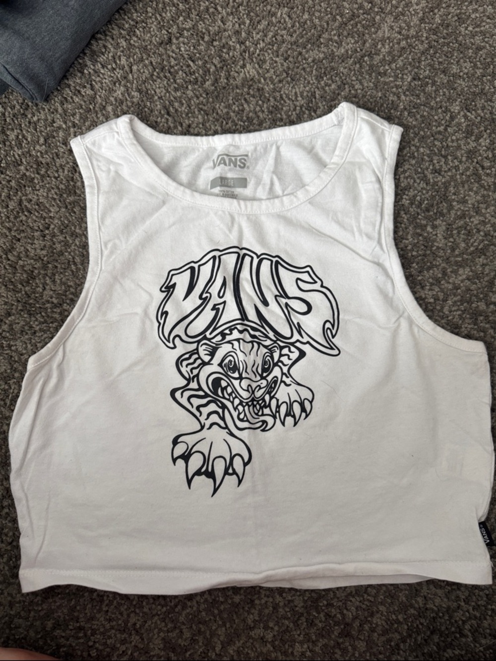 Vans White Crop Tank with Black Tiger Graphic
